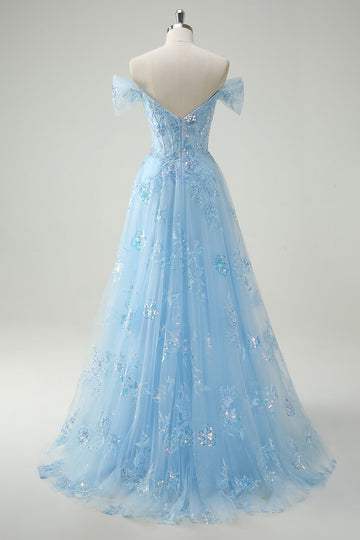 Sparkly Sky Blue A-Line Off The Shoulder Sequin Long Prom Dress with Slit